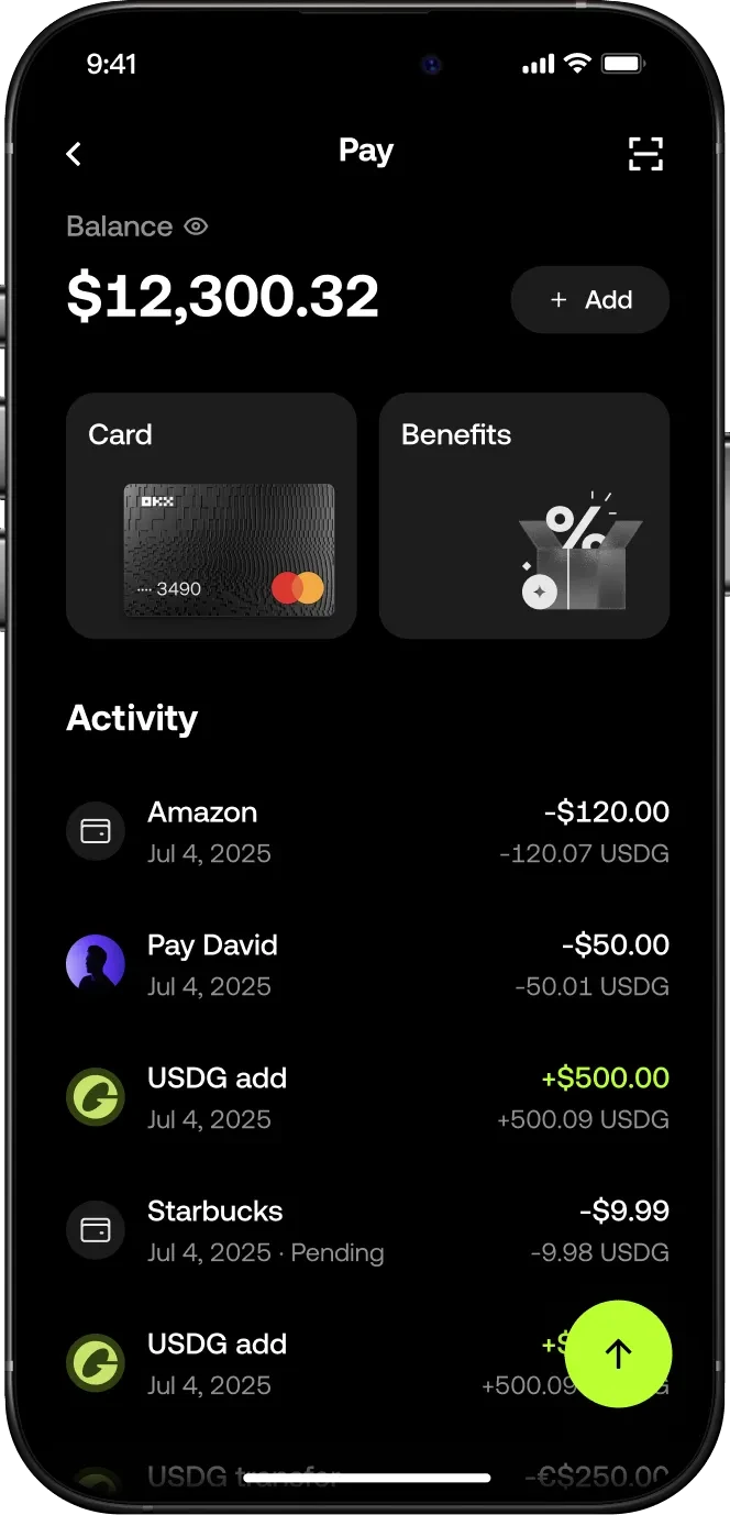 잔액과 Card 메뉴가 표시된 OKX Pay 공식 앱 예시 화면